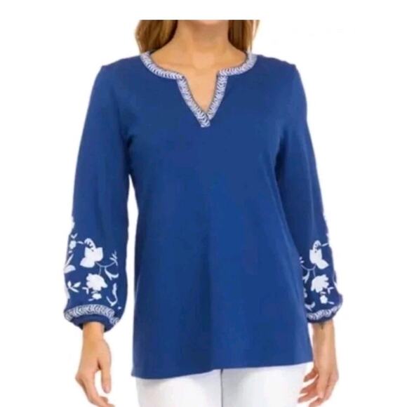 Lilly Pulitzer Tops - Lilly Pulitzer Sz L KACIA Oyster Bay Blue Embroidered Tunic Top EUC